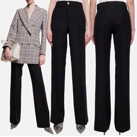 GUCCI PANTS BLACK SILK WOOL CREASED TROUSERS w LOGO BUTTON sz IT 44 US 8 - Picture 3 of 14